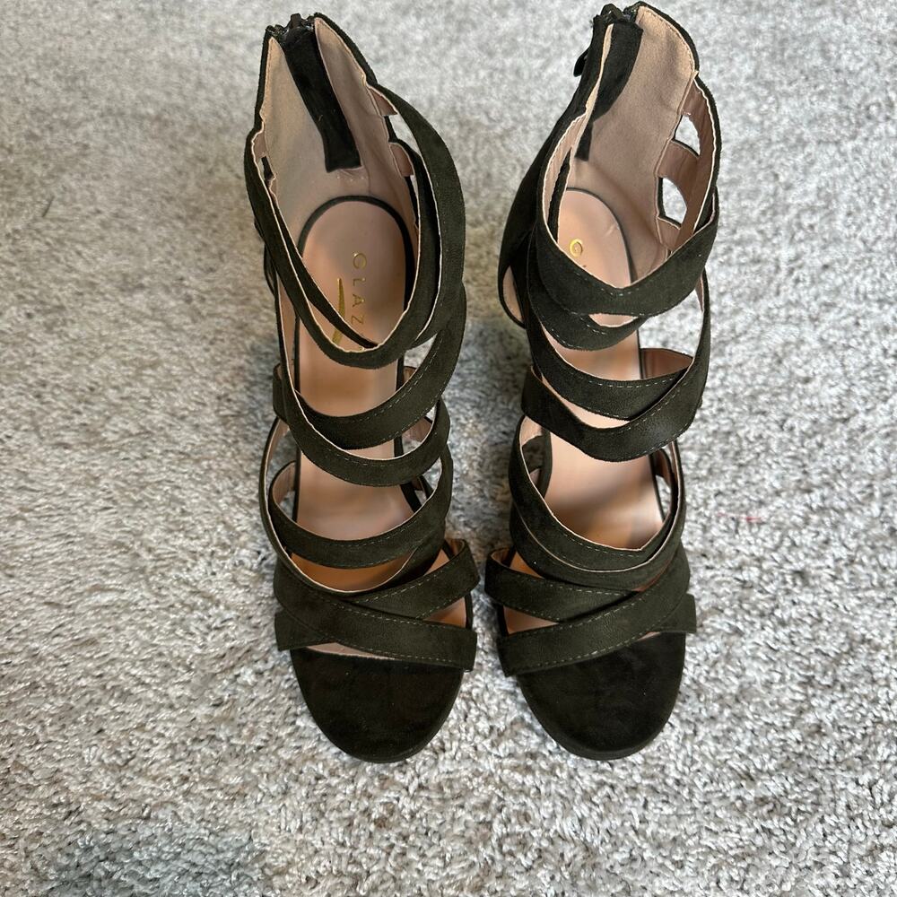 Olive Suede Strappy Stiletto Heels - Picture 3 of 4